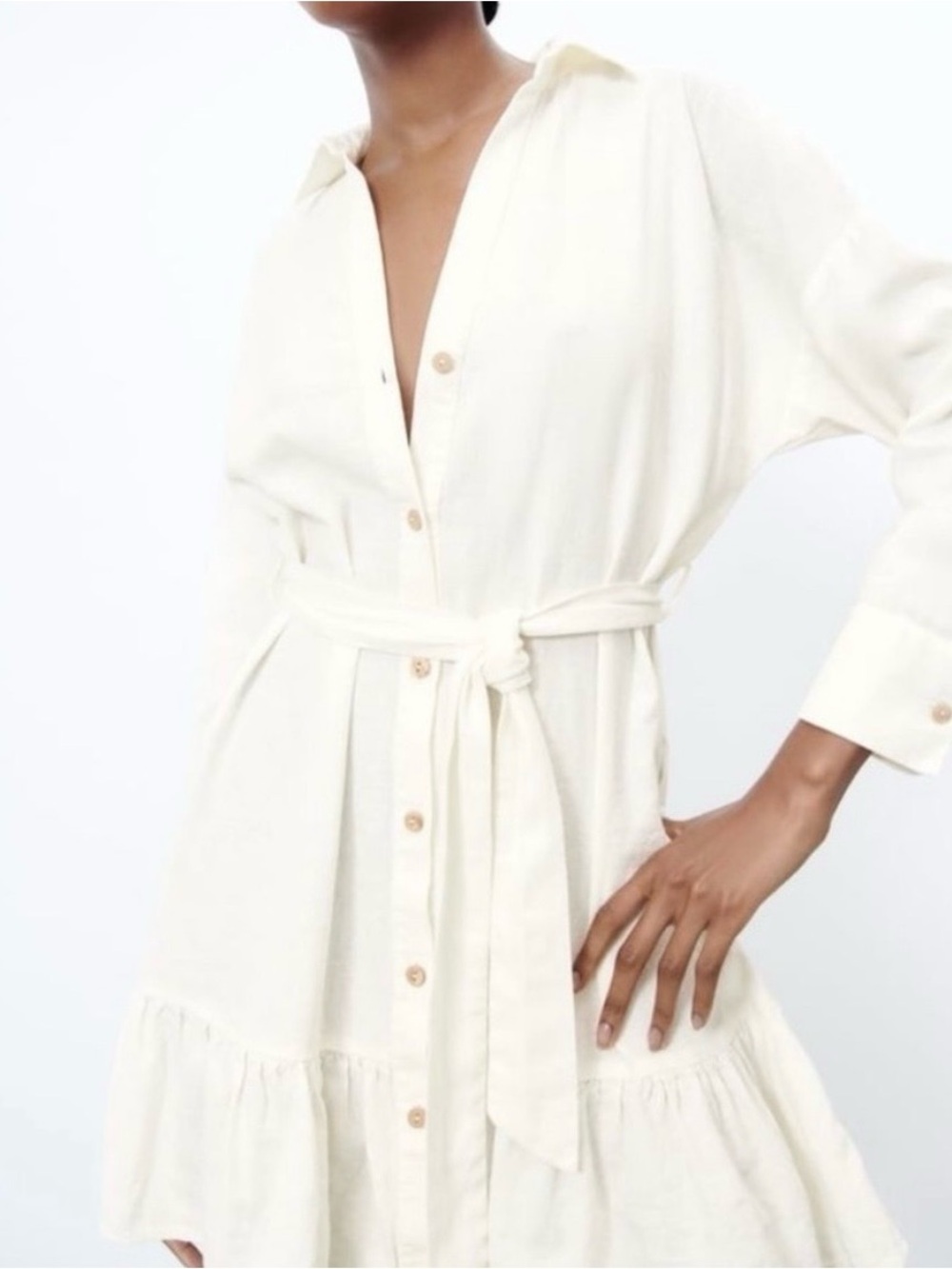 Zara White Button-Front Shirt Dress with Waist Tie - Picture 3 of 6